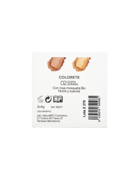 Dorso de la caja del Colorete dúo 02 Costa Dorada NaturaBIO Cosmetics