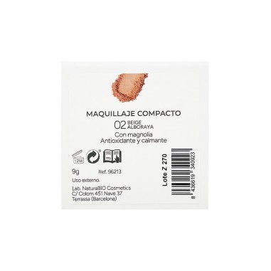 Dorso de la caja de Maquillaje polvo compacto 02 beige Alboraya NaturaBIO Cosmetics