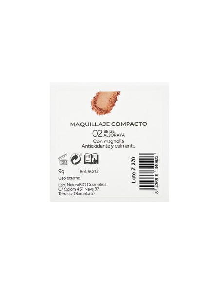 Dorso de la caja de Maquillaje polvo compacto 02 beige Alboraya NaturaBIO Cosmetics