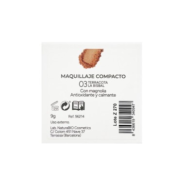 Dorso de la caja Maquillaje polvo compacto 03 Terracota La Bisbal NaturaBIO Cosmetics