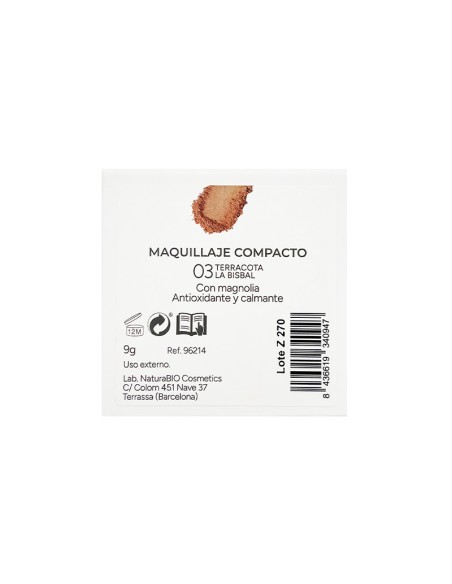 Dorso de la caja Maquillaje polvo compacto 03 Terracota La Bisbal NaturaBIO Cosmetics