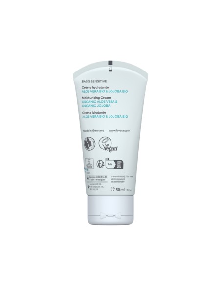 Crema día hidratante Basis Sensitive lavera 50 ml parte trasera con certificación vegana