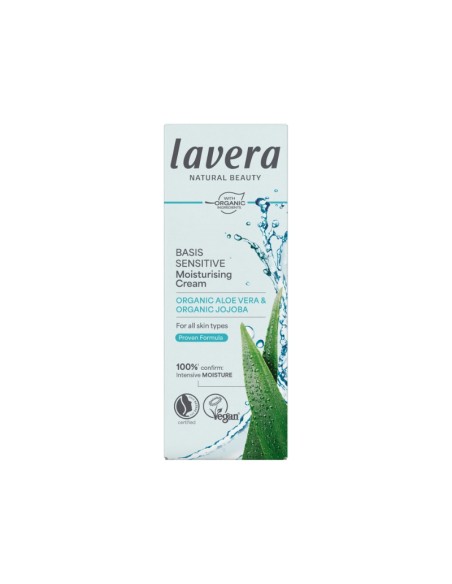 Crema día hidratante Basis Sensitive lavera con aloe vera Bio y jojoba Bio caja frontal
