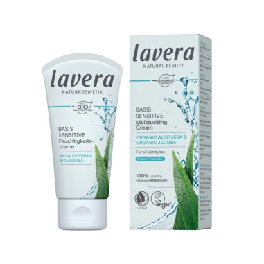 Crema día hidratante Basis Sensitive lavera 50 ml tubo y caja con aloe vera Bio y jojoba Bio