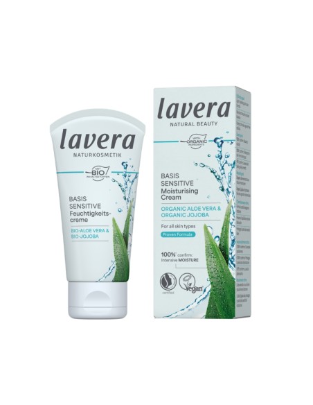 Crema día hidratante Basis Sensitive lavera 50 ml tubo y caja con aloe vera Bio y jojoba Bio