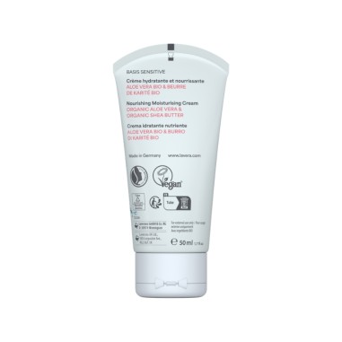 Crema día nutritiva Basis Sensitive lavera 50 ml parte trasera fórmula vegana piel seca