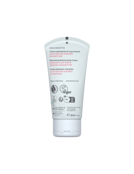 Crema día nutritiva Basis Sensitive lavera 50 ml parte trasera fórmula vegana piel seca