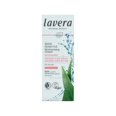 Crema día nutritiva Basis Sensitive piel seca lavera con aloe vera Bio y manteca de karité Bio caja frontal