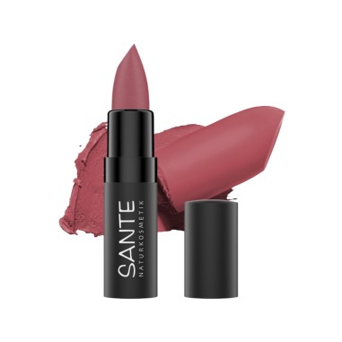 Pintalabios mate 02 Dusty Rose de Sante, elegante tono rosado suave, acabado mate y formula natural