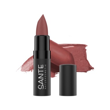 Pintalabios mate 04 Sheer Rosewood de Sante, tono rosado amaderado con acabado mate y fórmula vegana.