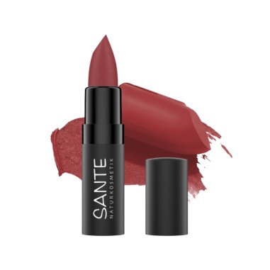 Pintalabios mate 05 Velvet Red de Sante, tono rojo aterciopelado con acabado mate.
