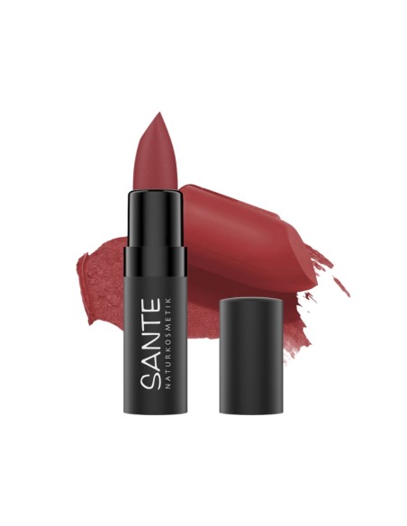 Pintalabios mate 05 Velvet Red de Sante, tono rojo aterciopelado con acabado mate.