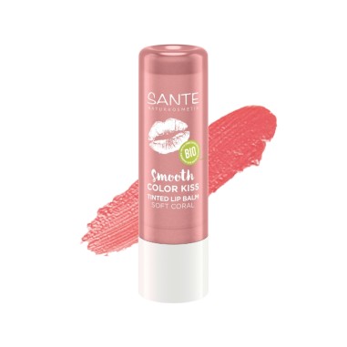 Bálsamo labial Color Kiss 01 Soft Coral de Sante, tono coral suave con hidratación y color natural.