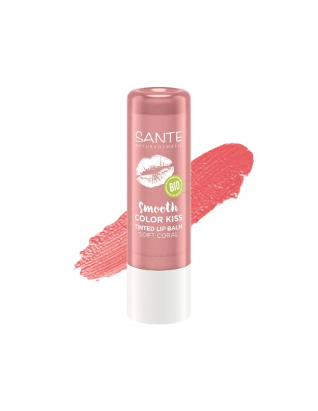 Bálsamo labial Color Kiss 01 Soft Coral de Sante, tono coral suave con hidratación y color natural.