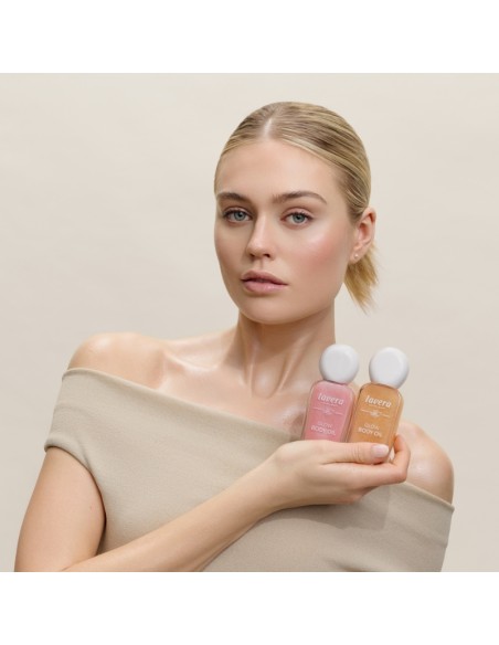 Oli glow Honey de lavera. Nutrició lleugera i brillantor lluminosa per a una pell radiant. Amb oli Bio de meló i argan.