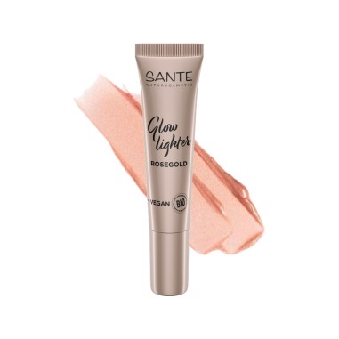 luminador líquido 02 Rose Gold de Sante, brillo dorado rosado para un acabado radiante.