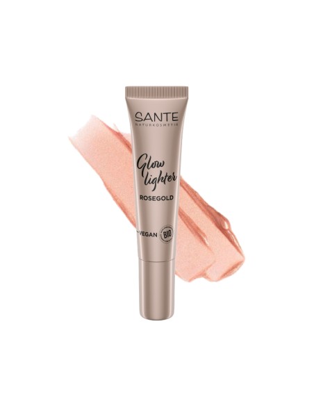 luminador líquido 02 Rose Gold de Sante, brillo dorado rosado para un acabado radiante.