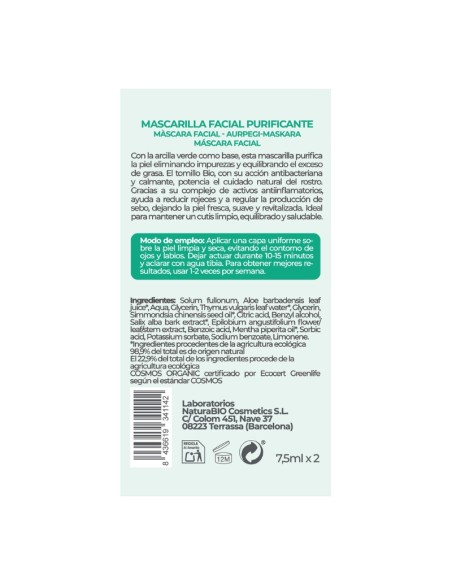 Mascareta facial Purificant Argila & Timó NaturaBIO Cosmetics