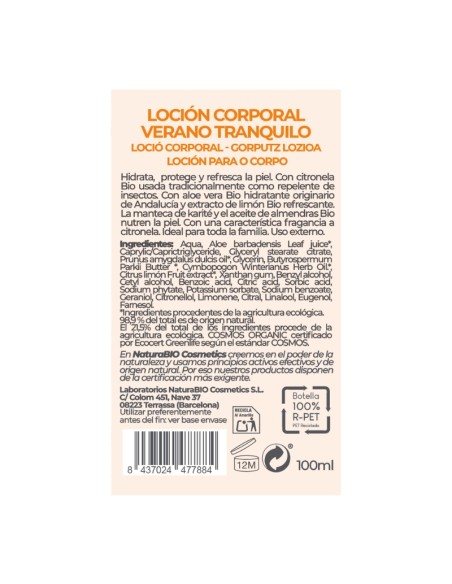 Loció corporal estiu tranquil aloe i citronel·la Bio NaturaBIO Cosmetics
