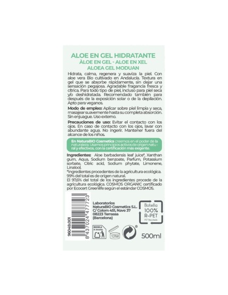 Aloe vera en gel hidratant NaturaBIO Cosmetics