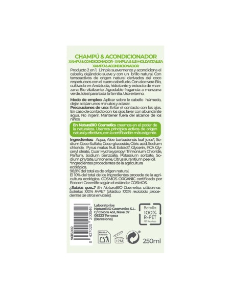 Xampú & Condicionador 2 en 1 Vitalitat Aloe Poma NaturaBIO Cosmetics