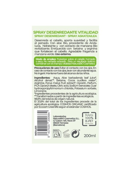 Spray desenredante Vitalidad aloe manzana NaturaBIO Cosmetics