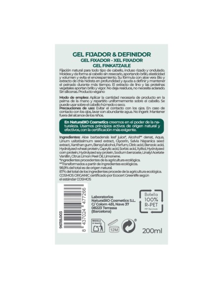 Gel fixador de rínxols àloe Bio & chía NaturaBIO Cosmetics