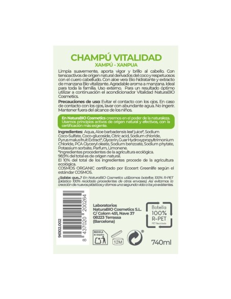 Xampú natural Vitalitat aloe i poma NaturaBIO Cosmetics