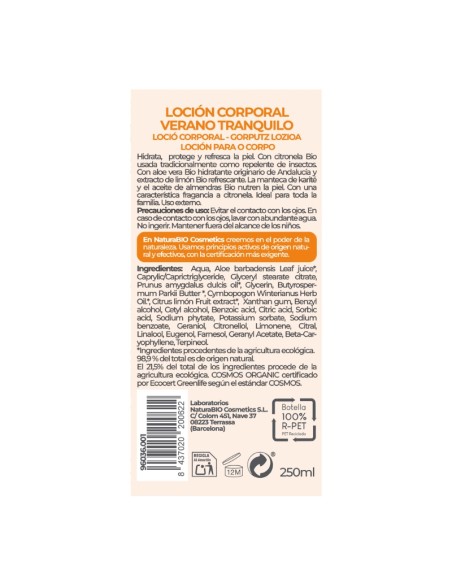 Loció corporal Verano Tranquilo amb citronel·la NaturaBIO Cosmetics