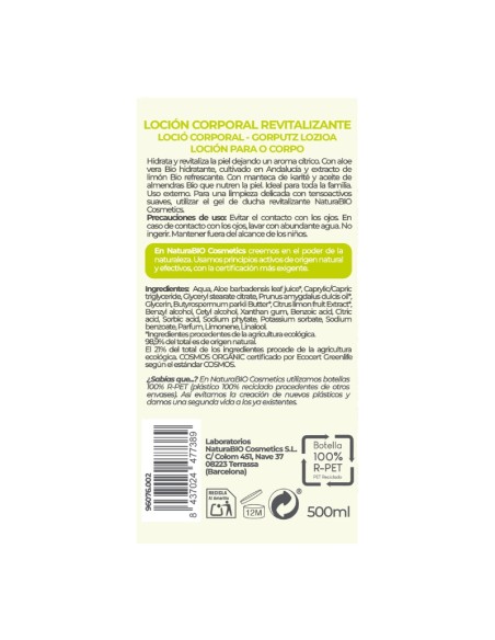 Loció corporal Revitalitzant NaturaBIO Cosmetics 500 ml