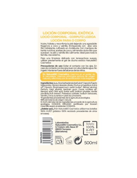 Loción corporal exótica vainilla & coco Bio 500ml NaturaBIO Cosmetics