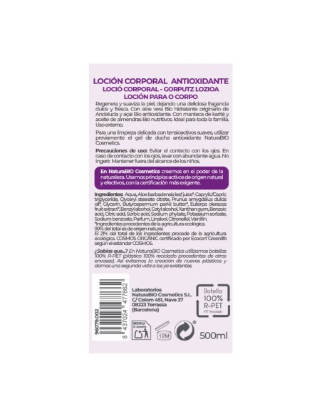 Loción corporal antioxidante aloe açai Bio 500ml NaturaBIO Cosmetics
