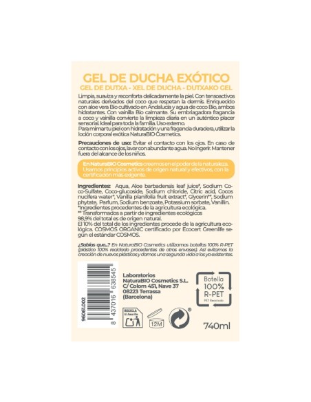 Gel de ducha Exótico vainilla y coco Bio NaturaBIO Cosmetics