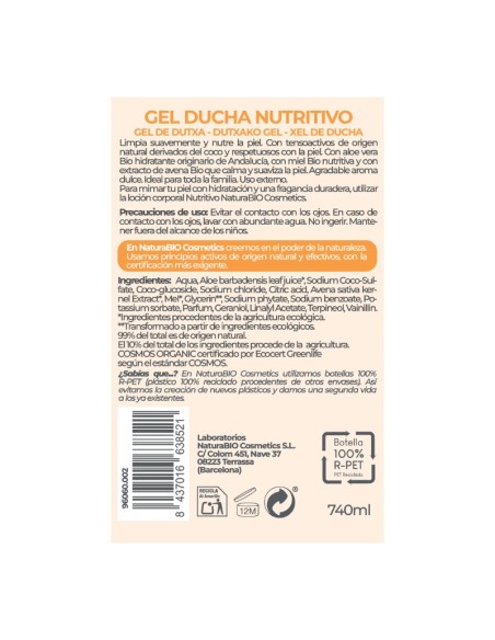 Gel de ducha Nutritivo miel y avena Bio NaturaBIO Cosmetics