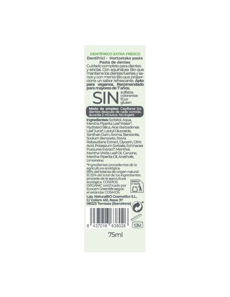 Pasta de dientes sin flúor Extra Fresca con equinácea y menta Bio 75ml NaturaBIO Cosmetics
