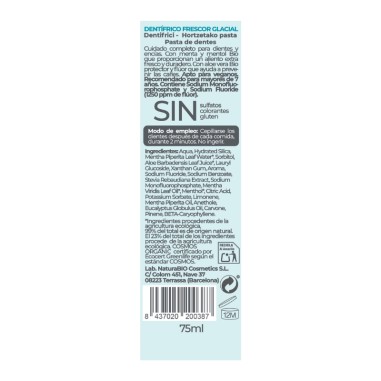 Dorso de Pasta de dientes con flúor menta mentol Frescor Glacial NaturaBIO Cosmetics