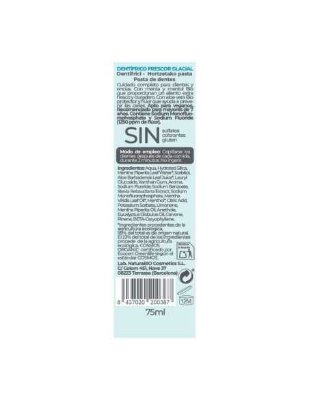 Dorso de Pasta de dientes con flúor menta mentol Frescor Glacial NaturaBIO Cosmetics