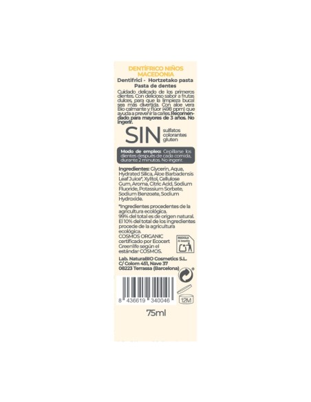 Pasta de dents infantil amb fluor macedònia 75 ml NaturaBIO Cosmetics