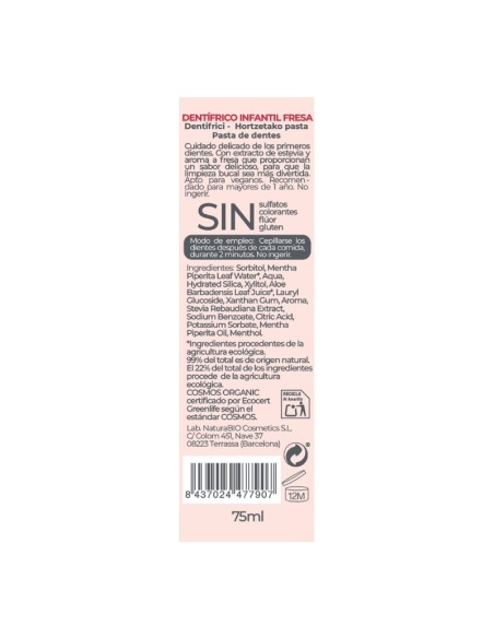 Pasta de dents infantil sense fluor maduixa NaturaBIO Cosmetics