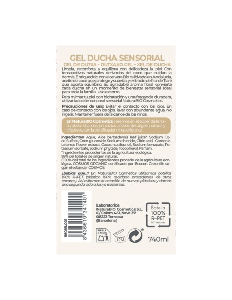Gel de dutxa Sensorial flor de tiaré & aloe vera Bio NaturaBIO Cosmetics