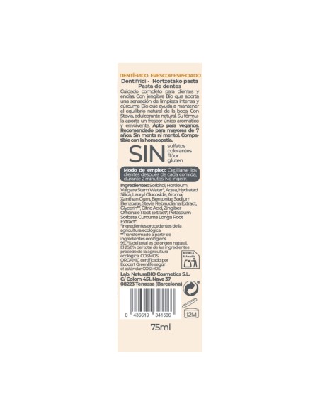 Pasta de dientes Frescor especiado cúrcuma jengibre NaturaBIO Cosmetics